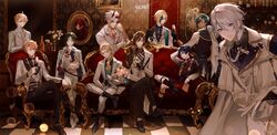  6+boys ahoge albedo_(genshin_impact) alcohol alternate_costume alternate_hairstyle aqua_vest arataki_itto armchair artist_name bishounen black_footwear black_gloves black_hair black_jacket black_shirt black_socks blonde_hair blue_eyes blue_hair blue_shirt bodypaint boots bottle bouquet boutonniere brown_hair brown_jacket brown_pants buttons chains chair champagne champagne_bottle champagne_flute choker closed_mouth coat coat_on_shoulders collar_chain_(jewelry) collarbone collared_shirt commentary couch cross_tie crossed_legs cup dainsleif_(genshin_impact) dark-skinned_male dark_skin diluc_(genshin_impact) drinking_glass ear_piercing earrings english_commentary eyepatch facial_mark flower forehead_mark formal genshin_impact gloves gold_trim green_eyes green_hair green_shirt grin hair_between_eyes hair_over_shoulder half_mask hand_up highres holding holding_bouquet holding_cup horns indoors jacket jacket_on_shoulders jewelry kaeya_(genshin_impact) kamisato_ayato lapels long_sleeves looking_at_viewer male_focus mask mask_over_one_eye medium_hair mors_gn multicolored_hair multiple_boys multiple_earrings on_chair on_couch one_eye_closed one_eye_covered open_clothes open_jacket open_mouth orange_eyes orange_hair orange_vest pants parted_bangs parted_lips picture_frame piercing pink_flower plaid plaid_pants ponytail purple_eyes purple_hair red_eyes red_hair red_horns scaramouche_(genshin_impact) shirt shoes short_hair shorts signature sitting smile socks sparkle standing swept_bangs tartaglia_(genshin_impact) tassel teeth thoma_(genshin_impact) vase vest white_choker white_coat white_flower white_gloves white_hair white_jacket white_pants wing_collar xiao_(genshin_impact) zhongli_(genshin_impact) 