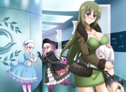  4girls ^_^ alice_(fate) beret braid braided_ponytail breasts chaldea_logo closed_eyes coat commission commissioner_upload dress fate/apocrypha fate/extra fate/grand_order fate_(series) gloves green_hair hallway hat hug jack_the_ripper_(fate/apocrypha) jewelry large_breasts long_hair multiple_girls necklace nursery_rhyme_(fate) ribbon rikudou_reika scar the-sinner white_hair 