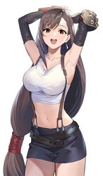  :d absurdres armpits arms_up bare_shoulders belt black_gloves black_hair black_skirt breasts cleavage collarbone commentary cowboy_shot crop_top duplicate elbow_gloves female final_fantasy final_fantasy_vii gloves highres large_breasts long_hair looking_at_viewer low-tied_long_hair midriff miniskirt navel open_mouth pencil_skirt pixel-perfect_duplicate red_eyes shirt simple_background skirt sleeveless sleeveless_shirt smile solo stomach suspenders teffish tifa_lockhart very_long_hair white_background white_shirt 