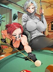  2girls ball bare_shoulders bent_over billiard_ball billiards black_gloves black_pants black_tank_top blue_eyes breasts ceiling_fan cleavage clenched_teeth closed_mouth colored_eyelashes commentary cross-eyed cue_stick curvy dart dartboard earrings english_commentary eyeshadow glasses gloves green_eyes grey_eyes grey_hair grey_sweater heterochromia holding_cue_stick hoop_earrings impossible_clothes indoors jewelry kafun large_breasts leaning_forward low_tied_hair makeup mouth_hold multiple_girls narrowed_eyes on_table original pants parted_bangs pencil perspective playing_games ponytail pool_table red_hair round_eyewear short_hair sitting smile sweater table tank_top teeth toned tsurime turtleneck turtleneck_sweater wooden_wall 