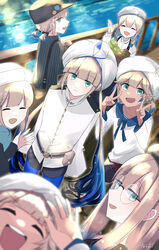  1boy 6+others bad_id bad_pixiv_id baker_nemo_(fate) beret black_headwear blue_hair blue_pants blush braid braided_ponytail captain_nemo_(fate) closed_eyes double_v engineer_nemo_(fate) fate/grand_order fate_(series) glasses gradient_hair green_eyes grey_headwear hat hat_feather highres jacket light_brown_hair long_hair long_sleeves looking_at_viewer low_twintails male_focus marine_nemo_(fate) medium_hair multicolored_hair multiple_others nemo_(fate) nurse_cap nurse_nemo_(fate) open_mouth pants professor_nemo_(fate) round_eyewear short_hair short_twintails sidelocks smile thighs tight_clothes tight_pants tsu_ki2 turban twintails two-tone_hair v white_headwear white_jacket 