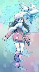  beanie black_hair boots commentary creature dawn_(pokemon) english_commentary female floating gen_5_pokemon hat long_sleeves looking_at_viewer multicolored multicolored_background pink_footwear pinkgermy pokemon pokemon_(creature) pokemon_(game) pokemon_dppt pokemon_platinum scarf simple_background standing standing_on_one_leg vanilluxe white_headwear white_scarf winter_clothes 