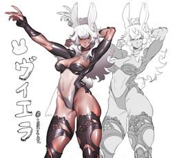  animal_ears arm_behind_back arms_up bad_id bad_twitter_id black_choker choker dark-skinned_female dark_skin female final_fantasy final_fantasy_xiv fingernails highres ierotak long_fingernails long_hair looking_at_viewer navel parted_lips rabbit_ears rabbit_girl red_eyes see-through sharp_fingernails shiny_skin simple_background solo twitter_username viera warrior_of_light_(ff14) white_hair 