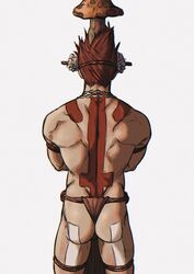  1boy absurdres alternate_costume ass back_tattoo bad_id bad_twitter_id bara bondage bound bound_arms bound_legs clenched_butt dorohedoro en_(dorohedoro) facing_away from_behind highres jewelry loincloth male_focus muscular muscular_male mushroom necklace red_hair rope short_hair smokerichi solo spiked_hair tattoo topless_male 