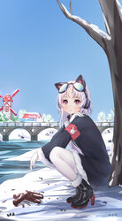  absurdres animal_ear_headphones animal_ears armband azur_lane blush bridge cat_ear_headphones chang_chun_(azur_lane) chang_chun_(retrofit)_(azur_lane) fake_animal_ears female firewood goggles goggles_on_head headphones highres long_hair looking_at_viewer meng_mian outdoors pantyhose shoes sitting snow thighband_pantyhose tree white_hair windmill 