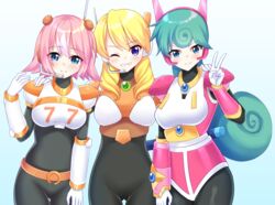  3girls ;) alia_(mega_man) blonde_hair blue_eyes blush bodysuit breasts closed_mouth commentary commission commissioner_upload cowboy_shot english_commentary gradient_background green_hair grin hand_on_another&#039;s_shoulder hand_up headset kitsuneco large_breasts long_hair looking_at_viewer marino_(mega_man) medium_breasts mega_man_(series) mega_man_x:_command_mission mega_man_x_(series) multiple_girls nana_(mega_man_x:_command_mission) one_eye_closed pink_hair purple_eyes short_hair simple_background smile standing v 