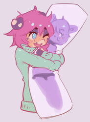  2020 anthro billie_corneja blue_eyes blush body_pillow clothing dakimakura dakimakura_design dakimakura_pillow domestic_pig female green_clothing green_sweater green_topwear hair hi_res hug hugging_object hugging_pillow mammal one_eye_closed open_mouth pillow pink_hair simple_background smile solo suid suina sus_(pig) sweater topwear ultra_(ultrabondagefairy) ultrabondagefairy 