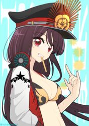  bikini black_bikini black_hair black_hat breasts cleavage crest family_crest fate/grand_order fate_(series) female food grin hat headphones headphones_around_neck highres jacket letterman_jacket long_hair long_sleeves looking_at_viewer medium_breasts mouth_hold oda_nobunaga_(fate) oda_nobunaga_(swimsuit_berserker)_(fate) oda_nobunaga_(swimsuit_berserker)_(first_ascension)_(fate) oda_nobunaga_(swimsuit_berserker)_(second_ascension)_(fate) oda_uri open_clothes open_jacket peaked_cap popsicle red_eyes smile solo suzukimadaka swimsuit 