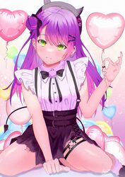  absurdres ass_visible_through_thighs bad_id bad_pixiv_id balloon barbell_piercing baseball_cap beret black_bow black_bowtie black_hat black_ribbon black_skirt blush bow bowtie braid collared_shirt colored_inner_hair demon_girl demon_tail ear_piercing earrings fake_horns female french_braid frilled_shirt frilled_sleeves frills gradient_hair green_eyes hair_bun hair_ornament hair_ribbon hairclip hat heart_balloon heart_o-ring high-waist_skirt highres holding holding_balloon hololive horned_headwear horns industrial_piercing jewelry jirai_kei leg_tattoo linked_piercing long_hair looking_at_viewer loose_socks maria_onnette miniskirt multicolored_hair o-ring o-ring_thigh_strap official_alternate_costume on_bed one_side_up parted_lips piercing pink_hair pleated_skirt pom_pom_(clothes) purple_hair ribbon shirt short_sleeves single_side_bun sitting skirt socks solo suspender_skirt suspenders swept_bangs tail tail_ornament tail_piercing tattoo thigh_strap tokoyami_towa tokoyami_towa_(jirai_kei) virtual_youtuber wariza white_shirt white_socks 