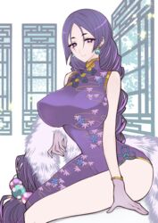  bare_shoulders braid breasts china_dress chinese_clothes dress earrings fate/grand_order fate_(series) female gloves highres jewelry large_breasts long_hair looking_at_viewer minamoto_no_raikou_(fate) minamoto_no_raikou_(traveling_outfit)_(fate) parted_bangs purple_dress purple_eyes purple_gloves purple_hair side_slit single_braid sitting smile solo suzukimadaka thighs very_long_hair 