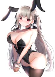  absurdres animal_ears azur_lane bare_shoulders black_leotard black_thighhighs blush bound bound_wrists breasts choker cleavage closed_mouth collarbone cuffs female formidable_(azur_lane) grey_hair hair_ribbon highleg highleg_leotard highres large_breasts leotard long_hair looking_at_viewer nephthys2356 playboy_bunny rabbit_ears red_eyes ribbon simple_background solo strapless strapless_leotard thighhighs twintails two-tone_ribbon very_long_hair white_background 