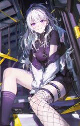  absurdres asymmetrical_legwear black_socks crescent_moon crop_top female fishnet_thighhighs fishnets fur-trimmed_jacket fur_trim gold_necklace highres ine_(vtuber) jacket jewelry kneehighs long_hair looking_at_viewer mismatched_legwear moon necklace night over-kneehighs purple_eyes single_fishnet_legwear single_kneehigh single_over-kneehigh single_sock single_thighhigh sitting sitting_on_stairs smile socks solo stairs teeth thigh_strap thighhighs thighs uneven_legwear virtual_youtuber waktaverse white_hair white_jacket ye_jji 