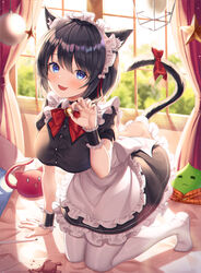  absurdres animal_ears arm_support bell black_hair blue_eyes blush bow bowtie breasts cat_ears cat_girl cat_tail christmas_ornaments commentary_request curtains fall_(aki) female highres indoors kneeling maid maid_headdress no_shoes oerba_yun_fang original pantyhose slime_(creature) solo star_(symbol) tail tail_bow tail_ornament white_pantyhose window wrist_cuffs 