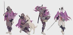  4boys absurdres canine capelet commentary_request covered_face fighting_stance hakama hakama_pants highres holding holding_sword holding_weapon hug interior_ministry_loneshadow japanese_clothes katana knee_up konghi98 korean_commentary lone_shadow_ninja looking_at_viewer male_focus mask multiple_boys pants purple_capelet sekiro:_shadows_die_twice simple_background striped_capelet sword veil weapon white_background white_pants 