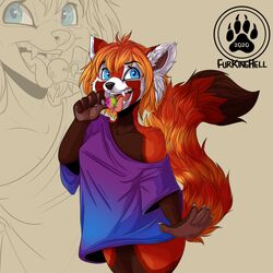  1:1 2020 5_fingers ailurid anthro blowup_background blue_eyes bottomless breasts clothed clothing digital_media_(artwork) female fingers food hi_res jesterghastly mammal off_shoulder open_mouth red_panda shirt simple_background smile solo t-shirt teeth tongue tongue_out topwear 