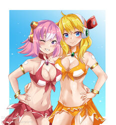  2girls ;) absurdres alia_(mega_man) android arm_around_waist bangle bikini blonde_hair blue_background blue_eyes blush border bracelet breasts cleavage closed_mouth commentary commission commissioner_upload cowboy_shot deviantart_username emarex96 english_commentary front-tie_bikini_top front-tie_top gradient_background grin hand_on_own_hip highres instagram_username jewelry joints large_breasts long_hair medium_hair mega_man_(series) mega_man_x_(series) multiple_girls nana_(mega_man_x:_command_mission) navel one_eye_closed outside_border pink_eyes pink_hair robot robot_ears robot_joints smile standing stomach swimsuit watermark white_border 