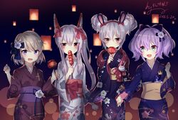  4girls :d alternate_costume ayanami_(azur_lane) azur_lane blue_bow blue_kimono blush bow brown_kimono candy_apple commentary_request dated double_bun floral_print food green_eyes grey_hair grey_kimono hair_between_eyes hair_bun hairbow hand_up hands_up headgear highres holding holding_food holding_hands japanese_clothes javelin_(azur_lane) kimono laffey_(azur_lane) laffey_(snow_rabbit_and_candy_apple)_(azur_lane) light_brown_hair long_hair long_sleeves looking_at_viewer multiple_girls obi oerba_yun_fang official_alternate_costume open_mouth ponytail print_kimono purple_eyes purple_hair purple_kimono red_bow red_eyes rl_ka_qui sash sidelocks signature single_side_bun smile very_long_hair white_hair wide_sleeves z23_(azur_lane) 