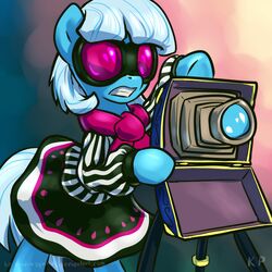  1:1 2015 camera clothing dress earth_pony equid equine eyewear female friendship_is_magic hair hasbro hi_res horse karol_pawlinski mammal my_little_pony photo_finish_(mlp) pony solo sunglasses tripod white_hair 