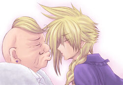  blonde_hair blush braid closed_eyes cloud_strife crossdressing don_corneo facial_hair final_fantasy final_fantasy_vii fur_trim gradient gradient_background incipient_kiss long_hair male_focus moustache multiple_boys puckered_lips r_ayase68 yaoi 