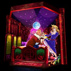  2boys bed blonde_hair blue_eyes closed_eyes cloud_strife crossdressing disco_ball don_corneo dress dress_lift earrings final_fantasy final_fantasy_vii guernica high_heels jewelry legs multiple_boys ring standing 