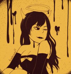  absurdres alice_angel bendy_and_the_ink_machine black_dress black_hair bow breasts cleavage closed_mouth commentary demon_horns dress english_commentary female halo heart highres horns knees lipstick long_hair looking_to_the_side makeup melting monochrome one_eye_closed rinday00 yellow_background 