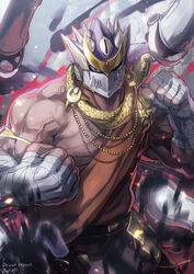  1boy armlet bandaged_hand bandages bara bare_pectorals bare_shoulders cowboy_shot dai-xt dark-skinned_male dark_skin ear_piercing energy extra_arms fighting_stance grey_background helmet highres jewelry large_pectorals looking_at_viewer male_focus monk muscular muscular_male necklace pectorals piercing red_eyes revision sash shiva_(housamo) shoulder_sash signature solo telekinesis tokyo_afterschool_summoners umbrakinesis veins 