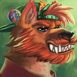  1:1 anthro astropandaart backwards_baseball_cap backwards_hat baseball_cap blue_eyes breath_of_the_wild bust_portrait canid canine clothing digital_media_(artwork) digital_painting_(artwork) eyebrows facial_hair food fur grin hair hair_through_hat hat headgear headwear looking_at_viewer male mammal moustache nintendo orange_body orange_fur orange_hair pin_(disambiguation) pizza portrait shaded shirt smile solo teeth the_legend_of_zelda thick_eyebrows topwear user_avatar 