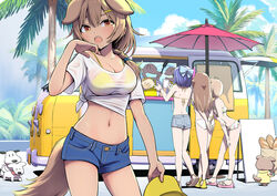  2boys 2others 5girls a-chan_(hololive) animal_ears bikini bikini_under_clothes blue_shorts bow braid bread breasts brown_eyes brown_hair canine cartoon_bone cleavage cloud commentary_request denim denim_shorts dog_ears dog_girl dog_tail food food_truck front-tie_top futo-inu grey_shorts hair_ornament hairbow hairclip hand_to_own_mouth harusaki_nodoka highres hololive hoso-inu inugami_korone inugami_korone_(dog) jacket large_breasts listener_(inugami_korone) long_hair midriff motor_vehicle multiple_boys multiple_girls multiple_others navel open_mouth outdoors palm_tree purple_hair ribbon sabaku_chitai sandals see-through shirt short_hair short_shorts short_sleeves shorts sky swimsuit tail thighs tokino_sora tree twin_braids umbrella van virtual_youtuber white_bikini white_shirt yellow_bikini yellow_jacket 