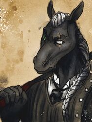  anthro biers black_body black_fur blind_eye braided_hair cane clothed clothing equid equine facial_scar fur green_eyes grey_hair hair horse male mammal necktie noviraine scar solo suit white_eyes 