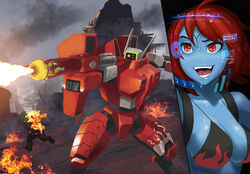  alien alien_humanoid armor big_breasts bikini bikini_top blue_body bodily_fluids breasts burning clothing cloud duo female fire flame_pattern flamethrower grey_cloud hair happy humanoid killing machine mecha open_mouth power_armor ranged_weapon red_eyes red_hair running solo sub-commander_torchstar sweat swimwear t&#039;au_(warhammer) thevampiredio warhammer_(franchise) warhammer_40000 weapon 