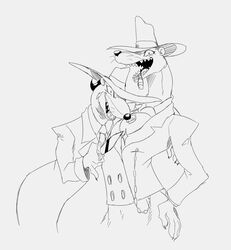  2022 anthro bottomless bottomless_anthro bottomless_male chains cigar cigar_in_mouth claws clothed clothing disney duo evil_grin fangs fur gem greasy_(character) hand_on_butt hat headgear headwear hi_res holding_knife holding_object jacket knife looking_at_viewer male mammal monochrome mustelid musteline necktie object_in_mouth open_mouth reagan700 sharp_teeth smarty_weasel smile teeth tongue toon_patrol topwear true_musteline weasel whiskers who_framed_roger_rabbit wide_eyed zoot_suit 