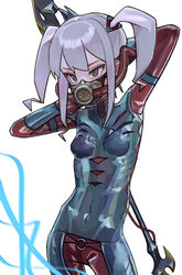  absurdres bodysuit breasts breathing_tube brown_eyes contrapposto female grey_hair highres holding holding_polearm holding_weapon original polearm respirator saaal653 shiny_clothes skin_tight small_breasts solo spear tsurime tube twintails weapon 