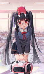  animal_on_head animalization bag bang_dream! black-framed_eyewear black_hair blazer blunt_bangs boombox cat_on_head classroom commentary english_commentary feline female glasses hair_ribbon highres holding holding_boombox indoors jacket kongya long_hair long_sleeves looking_at_viewer miniskirt neck_ribbon nyubara_reona on_head purple_ribbon red_cat red_eyes red_ribbon ribbon school_bag semi-rimless_eyewear sidelocks skirt smile solo tamade_chiyu twintails under-rim_eyewear very_long_hair window 