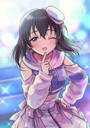  bare_shoulders black_hair blush brown_eyes cropped_hoodie detached_sleeves female finger_to_mouth frilled_skirt frills fujiwara_hajime furorida hair_between_eyes hair_ornament hand_on_own_ass hood hood_down hoodie idolmaster idolmaster_cinderella_girls idolmaster_cinderella_girls_starlight_stage long_hair long_sleeves looking_at_viewer one_eye_closed open_mouth pink_ribbon plaid plaid_skirt ribbon skirt smile solo sparkle sparkle_background standing 