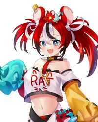  :d animal_ears animal_on_head bad_id bad_pixiv_id bare_shoulders belt blue_eyes blunt_bangs breasts cleavage collar collarbone commentary_request detached_sleeves female hakos_baelz hakos_baelz_(1st_costume) highres hololive hololive_english key long_hair long_sleeves looking_at_viewer midriff miyako_draw mouse_(animal) mouse_ears mouse_on_head mr._squeaks_(hakos_baelz) multicolored_hair navel oerba_yun_fang on_head open_mouth red_hair short_sleeves sidelocks simple_background sleeves_past_wrists smile solo streaked_hair stuffed_animal stuffed_mouse stuffed_toy twintails virtual_youtuber wide_sleeves 