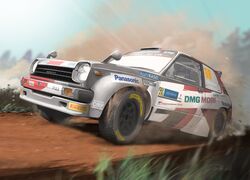  1boy car commentary_request dirt driving grass jettoburikku mobil1 motion_blur motor_vehicle original panasonic_corporation piaa pirelli race_vehicle racecar rally_car solo toyota toyota_starlet vehicle_focus world_rally_championship 