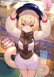  animal_ears anteater_ears anteater_tail arms_up barrel black_bow black_bowtie blonde_hair bow bowtie brown_eyes center_frills cherry_blossoms commentary_request cowboy_shot dango female flower food frills fuzichoco hair_between_eyes hair_ornament hat kemono_friends kemono_friends_3 long_sleeves looking_at_viewer official_art parted_lips petals puffy_shorts sanshoku_dango short_hair shorts silky_anteater_(kemono_friends) solo tail wagashi 