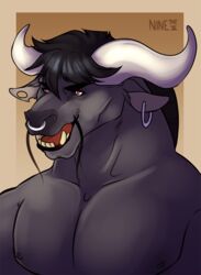  anthro black_eyebrows black_hair bovid bovine cattle digital_media_(artwork) ear_piercing ear_ring eyebrows facial_piercing fur glistening glistening_eyes grey_body grey_ears grey_fur hair horn male mammal muscular muscular_anthro muscular_male ninetht nipples nose_piercing nose_ring open_mouth piercing red_eyes red_tongue ring_piercing septum_piercing shaded signature simple_background soft_shading solo teeth tongue white_horn 