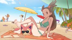  :o absurdres acerola_(pokemon) barefoot beach beach_towel bikini blue_sky breasts brown_hair cleavage collarbone commentary crossed_legs english_commentary female forehead frilled_bikini frills from_side greatm8 green_bikini hair_bobbles hair_ornament highres horizon jasmine_(pokemon) kasumi_(pokemon) krabby light_brown_hair long_hair looking_at_viewer medium_breasts mimikyu navel outdoors palm_tree parasol photoshop_(medium) pokemon pokemon_(creature) pokemon_frlg pokemon_gsc pokemon_masters_ex pokemon_sm pokemon_xy sightseer_(pokemon) sitting skitty sky soles source_filmmaker_(medium) sunglasses swimmer_(pokemon) swimsuit toes totodile towel tree umbrella variant_set wingull 