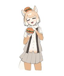  :d =_= absurdres animal_ears bad_id bad_pixiv_id blush brown_gloves brown_pantyhose burger closed_eyes closed_mouth commentary cowboy_shot cropped_legs elbow_gloves facing_viewer female food food_on_head fox_ears fox_girl fox_tail fur_collar gloves gradient_gloves gradient_hair grey_skirt grey_vest highres kemono_friends kona_ming light_brown_hair multicolored_hair necktie object_on_head open_mouth pantyhose pleated_skirt shirt short_hair short_sleeves simple_background skirt smile solo t-shirt tail tibetan_fox_(kemono_friends) vest white_background white_fur white_gloves white_hair white_necktie white_shirt 