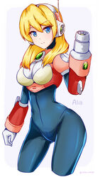  alia_(mega_man) android arm_cannon armor ass_visible_through_thighs blonde_hair blue_bodysuit blue_eyes bodysuit breasts character_name commentary_request cowboy_shot cropped_legs curvy female gauntlets gloves hair_between_eyes hand_up headset highres large_breasts long_hair looking_at_viewer mega_man_(series) mega_man_x_(series) pink_armor rasen_manga robot_ears sidelocks simple_background smile solo twitter_username weapon white_background white_gloves 