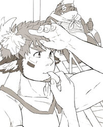  2boys animal_ears bara cow_boy cow_ears crocodile_boy cross_scar eye_black facial_hair forked_eyebrows goatee greyscale hand_up hijirino_yuuta lifeguard looking_to_the_side makara_(housamo) male_focus monochrome multiple_boys muscular muscular_male pectorals scar scar_on_chin scar_on_face shark_boy short_hair sideburns thick_eyebrows tokyo_afterschool_summoners upper_body wakan_tanka whistle 