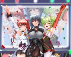  3girls :d ai-chan_(honkai_impact) arm_up armpits black_bodysuit black_dress black_hair black_skirt bodysuit bow bowtie closed_mouth concert confetti double_bun dress elbow_gloves flat_screen_tv frederica_nikola_tesla gloves green_eyes hair_bun hair_ornament honkai_(series) honkai_impact_3rd jacket lion_space lipstick long_hair looking_at_viewer makeup multiple_girls one_eye_closed open_mouth orange_eyes orange_gloves pantyhose raven_(honkai_impact) red_eyes red_hair short_hair skirt sleeveless sleeveless_jacket smile television white_bow white_bowtie white_jacket white_pantyhose white_sleeves 