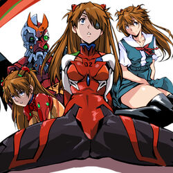  ass_visible_through_thighs blue_eyes bodysuit breasts brown_hair commentary_request covered_navel eva_02 eva_02_prime_beta evangelion:_2.0_you_can_(not)_advance evangelion:_3.0_you_can_(not)_redo evangelion_(mecha) extra_eyes eyepatch female glowing green_eyes hair_ornament interface_headset kamisimo_90 long_hair mecha medium_breasts multicolored_bodysuit multicolored_clothes neon_genesis_evangelion pilot_suit plugsuit purple_eyes rebuild_of_evangelion robot school_uniform science_fiction shirt simple_background sitting souryuu_asuka_langley test_plugsuit thighs tokyo-3_middle_school_uniform white_background 