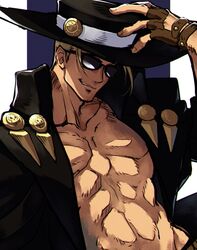  1boy abs adjusting_clothes adjusting_headwear black_headwear blonde_hair brown_gloves cowboy_hat fingerless_gloves gloves guilty_gear guilty_gear_strive hat jako_(toyprn) johnny_(guilty_gear) looking_at_viewer male_focus short_hair smile sunglasses 