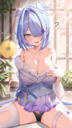  ? absurdres aqua_eyes bare_shoulders black_panties blue_hair blue_nails blush breasts cleavage coin coin_on_string collarbone commentary elira_pendora elira_pendora_(2nd_costume) english_commentary female fur_trim hair_ornament hair_over_one_eye hairclip head_wings heart heart-shaped_pupils highres holed_coin hypnosis japanese_clothes kimono large_breasts looking_at_viewer mind_control mole mole_on_armpit nail_polish nijisanji nijisanji_en oerba_yun_fang off_shoulder open_mouth panties ruru_(ruru_nnnn) short_hair single_thighhigh sitting skirt solo sweat symbol-shaped_pupils thigh_strap thighhighs thighs underwear virtual_youtuber wings 