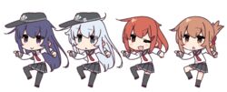  4girls akatsuki_(kancolle) anchor_symbol black_pantyhose black_sailor_collar black_skirt black_socks black_thighhighs blue_eyes brown_eyes brown_hair chibi flat_cap folded_ponytail full_body genba_neko_(meme) grey_hair hat hibiki_(kancolle) ikazuchi_(kancolle) inazuma_(kancolle) kantai_collection long_hair long_sleeves meme multiple_girls neckerchief one_eye_closed open_mouth pantyhose pleated_skirt ponytail red_neckerchief sailor_collar school_uniform serafuku shigoto_neko shirt short_hair simple_background skirt smile socks thighhighs white_background white_shirt yoru_nai 