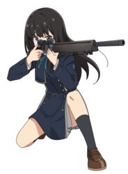  aiming bad_gun_anatomy bipod black_hair black_socks blue_dress brown_footwear covered_mouth dress eyebrows_hidden_by_hair female full_body green_ribbons grey_dress gun h&amp;k_psg1 highres holding holding_gun holding_weapon inoue_takina loafers long_hair long_sleeves looking_afar lycoris_recoil lycoris_uniform neck_ribbon nyaru_(nyaru_4126) on_one_knee pleated_dress purple_eyes ribbon rifle scope shoes sniper_rifle socks solo transparent_background two-tone_dress very_long_hair weapon 