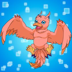  1:1 ambiguous_gender avian bandai_namco beak birdramon biyomon blue_background blue_eyes blue_markings charlesdoodles claws digimon digimon_(species) evolution evolution_(transformation) feathers feral hi_res markings open_mouth orange_body orange_feathers pink_body pink_feathers simple_background solo teeth toe_claws transformation 