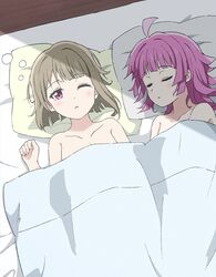  2girls after_sex ahoge asymmetrical_hair bed_sheet blunt_bangs blunt_ends blush bob_cut breasts cleavage closed_eyes collarbone commentary_request covering_with_blanket from_above half-closed_eye head_on_pillow highres light_brown_hair love_live! love_live!_nijigasaki_high_school_idol_club lying medium_breasts multiple_girls nakasu_kasumi naked_sheet on_back on_bed on_side one_eye_closed parted_lips pillow pink_hair red_eyes short_hair sleeping tennoji_rina tottsan waking_up yuri 